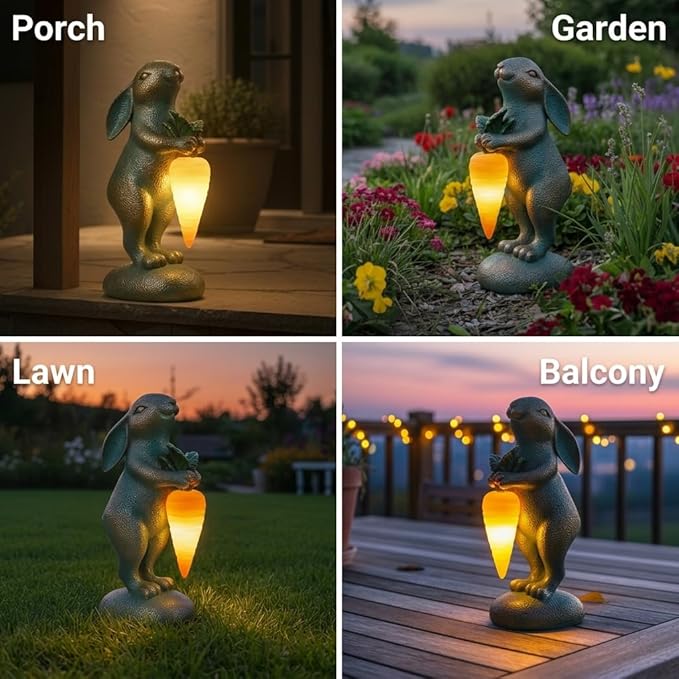 PETAFLOP Cute Garden Decor Bunny Statue with Solar Carrot, Outdoor Rabbit Figurines for Patio Balcony Lawn Porch Yard Decorations, Birthday Housewarming Gifts for Women Mom Grandma