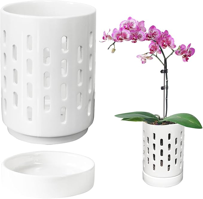 Orchid Pots with Holes,4 Inch Ceramic Orchid Pot for Repotting, Plant Pot for Repotting Orchids and Other Flowers - Indoor/Outdoor White