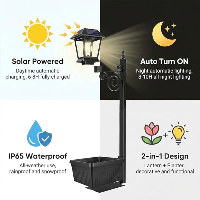 2-in-1 Solar Lamp Post with Planter, Illuminate Your Garden: Solar Post Light with Integrated Planter Box, Waterproof Outdoor Garden Solar Flower Pot Lamp for Lawn, Patio, Porch, Yard Decor (1pc)