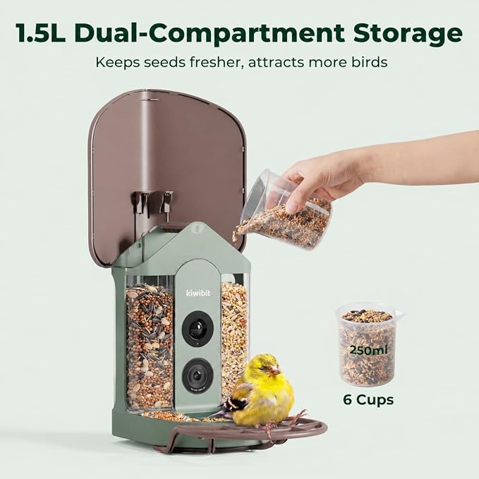 Kiwibit Solar Smart Bird Feeder with Camera No Subscription, AI Bird Species Identification, 4K UHD Live Video & 8MP Photos, Wireless Outdoor Wild Bird Watching Gifts for Bird Lovers, Brown