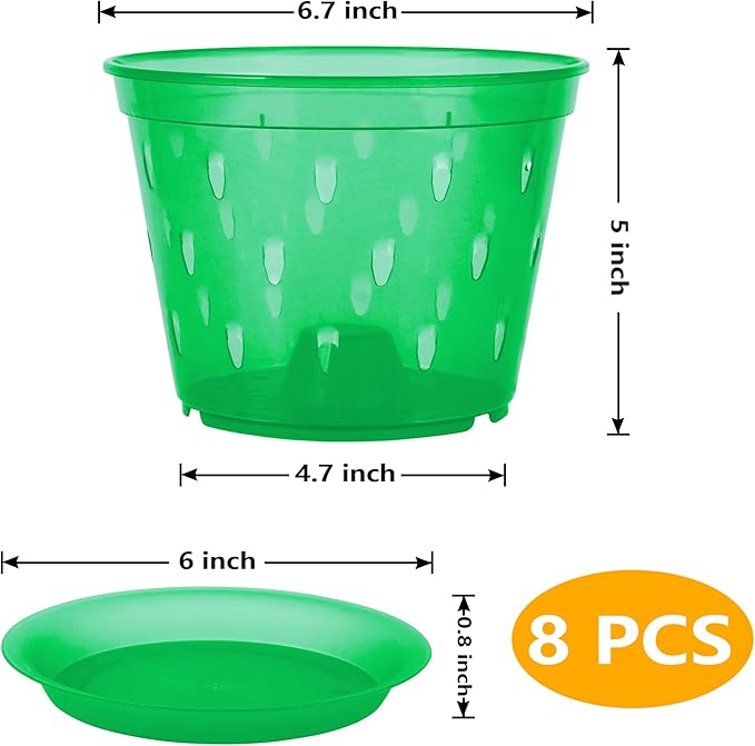 Orchid Pot, 6.7 Inch 8 Pack Orchid Pots with Holes and Saucers,Plastic Orchid Planter - Green Emerald