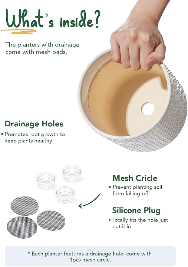 LE TAUCI Ceramic Pots for Plants, 10/8/6 Inch Indoor Planters with Draiange Hole, Silicone Plug & Mesh Pad, Modern Rasied-Dots Pots for Home Office, Set of 3, Glossy, Arctic White