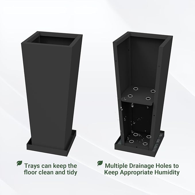 Metal Tall Planters 24 inch Set of 2, Durable Taper Planter with Drainage Holes & Rust-Proof Coating & Trays for Outdoor Indoor Garden Patio Front Door