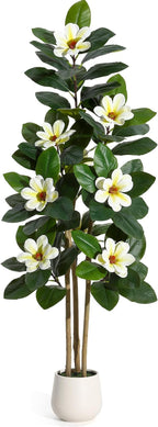 GarveeHome Faux Rubber Tree, 60 Inch Artificial Plants Indoor with Real Touch Leaves and Multi Trunks, Artificial Tree Fake Potted Plants with White Flowers for Home Decor Office Living Room