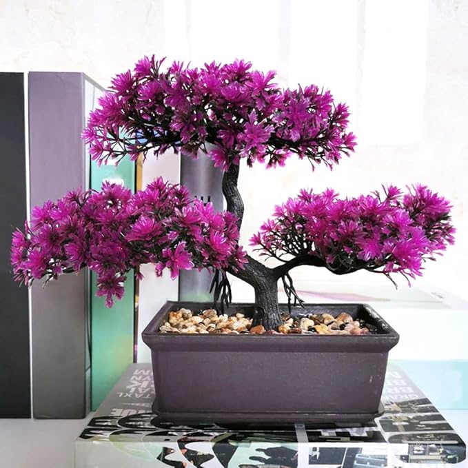 Bonsai Tree, Artificial Plants, Artificial Bonsai Tree Juniper Faux Plants, Indoor Small Fake Plants Decor for Home Bedroom Office Desk Farmhouse Decor(Color:Rose Red)