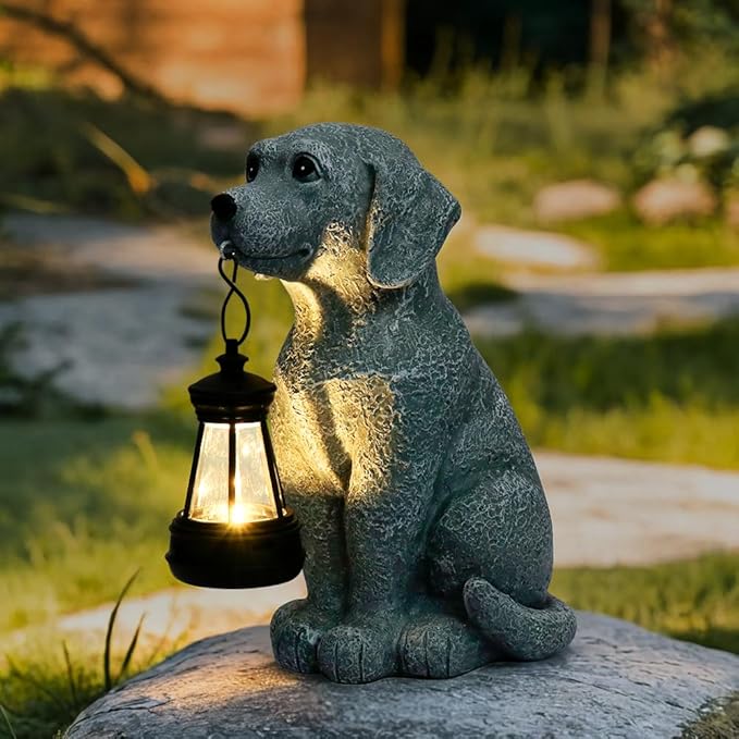 Solar Dog Garden Statues with Solar Lantern，Dog Figurines for Yard Patio Lawn Balcony Ornaments - Birthday Housewarming Garden Gifts for Mothers Day, Grandma