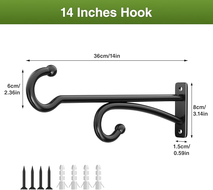 pickpiff 14-Inch Plant Hooks for Hanging Baskets: Plant Hangers Outdoor Indoor, Planters Wall Brackets for Hanging Plants, Bird Feeders, Wind Chimes, Bird Houses, Flower, Metal, Black