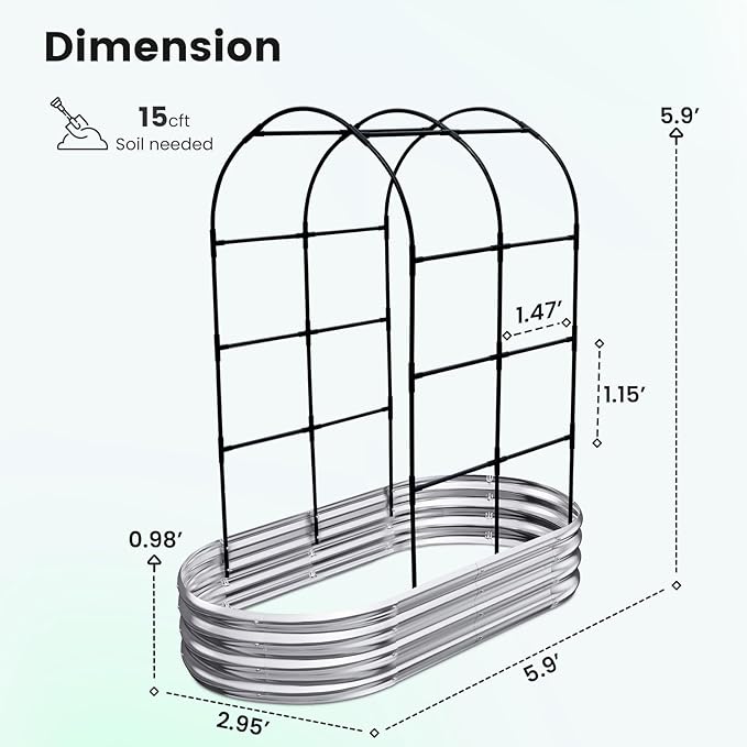 KING BIRD Raised Garden Bed with Arched Trellis Galvanized Planter Garden Box Outdoor for Gardening, Climbing Vegetables, Flowers, Silve, 5.9x2.95x0.98 Ft,