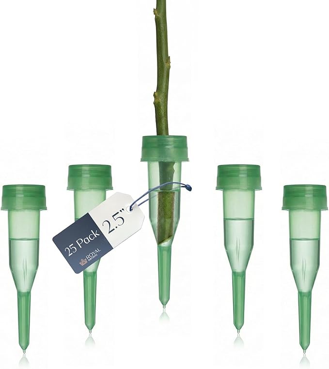 Royal Imports Floral Water Tubes with Caps – 2.5" Green Plastic Flower Vials for Single Stem Roses, Buds, Bouquets – Pointed Style, 1/2" Opening – 25 Pack