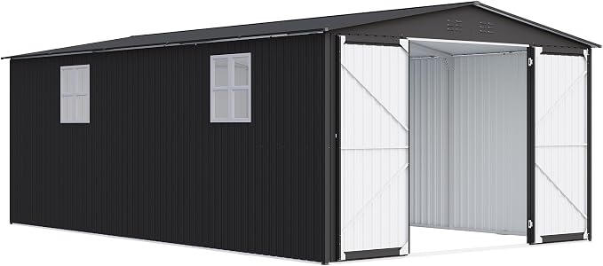 12x20 FT Outdoor Storage Shed, Metal Garden Shed with Lockable Door & Sloped Roof, Large Waterproof Utility Tool Shed for Backyard, Garden, Patio, Lawn, Black