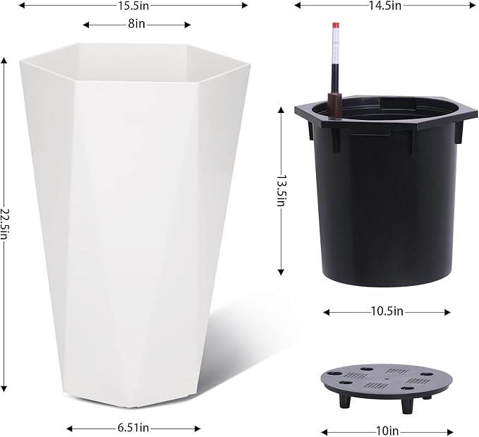 22.4 Inch Tall Planters for Outdoor Indoor Plants Set of 2, Tapered Large Flower Pots with 2 Trays and a Water Level Monitor Planter Pots, Plant Pot for Patio, Balcony, Lounge