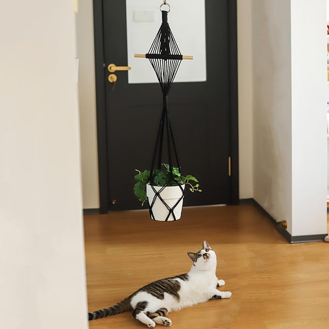 4 Pack Macrame Plant Hangers Indoor Up to 10 inch Pot, Boho Hanging Planters, Plant Holder with 8Pcs Stainless Steel Hooks(4Pcs Black Hanger)