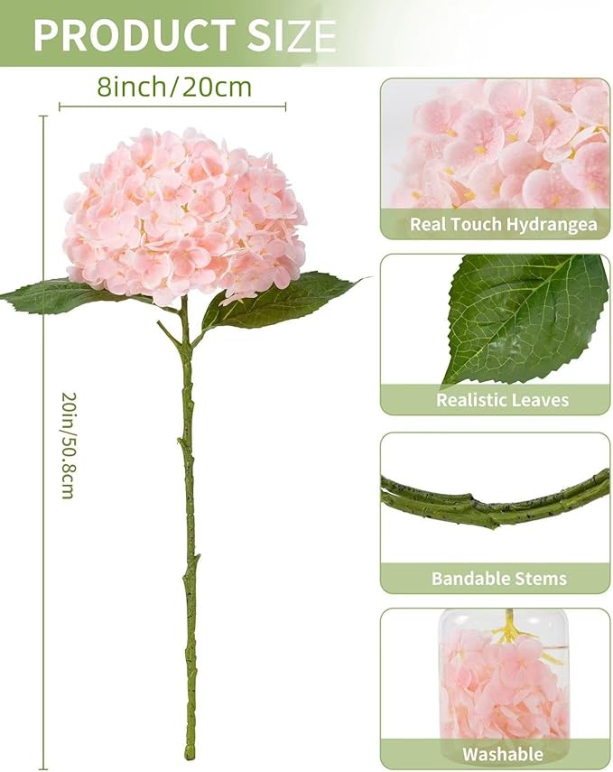 DuHouse 3Pcs Large Hydrangea Artificial Flowers,Latex Real Touch Hydrangea with Long Stems & Leaves for Home Decor Party Floral Arrangements Wedding Bouquets Centerpieces(Pink)