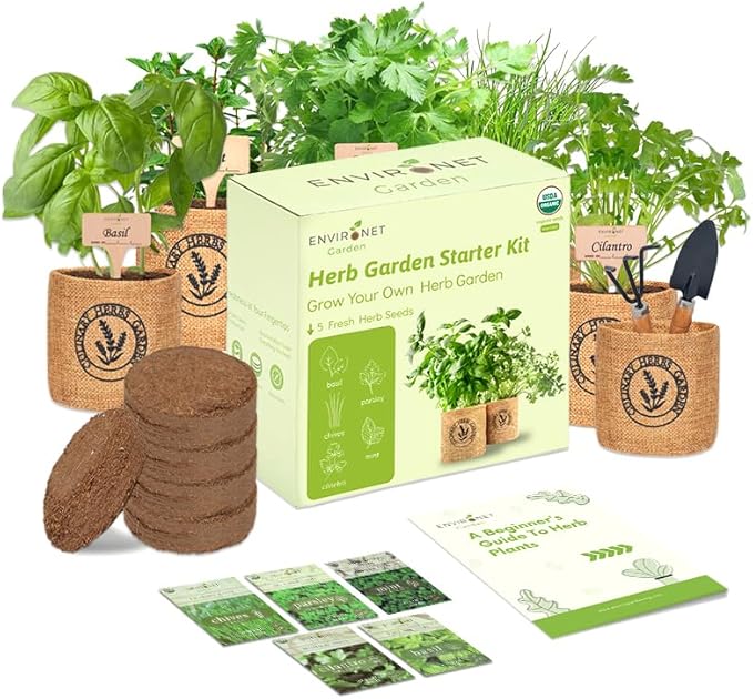 Herb Indoor Garden Kit- Unique Chrismas Herb Gardening Gift, Home Kitchen Gift for Mom, Friends, and Gardeners (Basil, Parsley, Chives, Cilantro, Mint)
