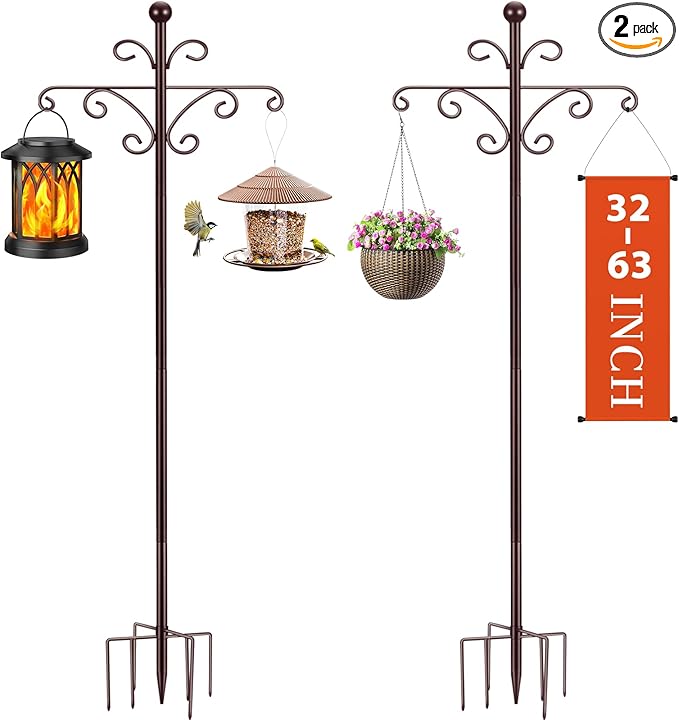 Bird Feeder Pole for Outdoors Heavy Duty Squirrel Proof, 2 Pack 63 Inch Adjustable Tall Shepherds Hooks for Outdoor with 7 Prongs Base, Double Shepherd Hooks (2 Pack Copper, 63 Inch)