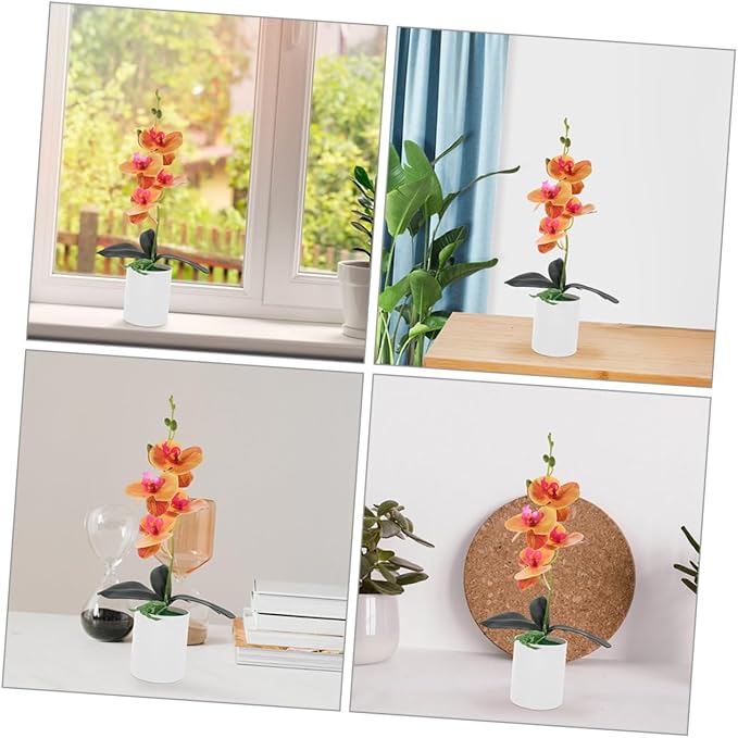 Happyyami 2pcs Artificial Moth Orchids Faux Potted Plant for Home and Office Decoration Realistic Bonsai Ornament for Living Room Garden and Desk Display Orange