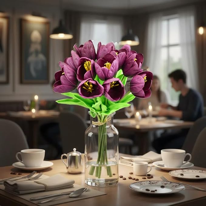 Mandy's Grape Purple Partially Open Artificial Tulips Flowers Centerpiece, 13.5" Lifelike PU Fake Floral Stems 12pcs for Kitchen Island & Dining Table, Spring Decor for Easter