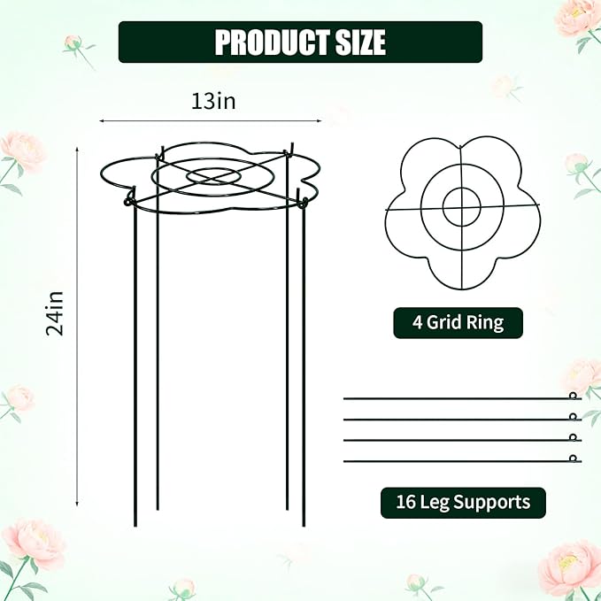 Peony Cages and Supports 4 Pack, 13" Dx24 H Grow Through Plant Supports, Heavy Duty Metal Plant Support Cage for Outdoor Flowers, Tomatoes, Hydrangeas, Cucumbers & Strawberries