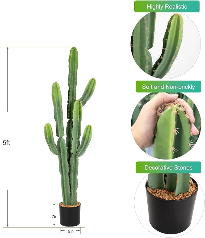 Nafresh UV-Resistant Artificial Fake Cactus Plants 5ft – Large Faux Cowboy Cactus for Indoor & Outdoor Home, Office, or Garden Decor