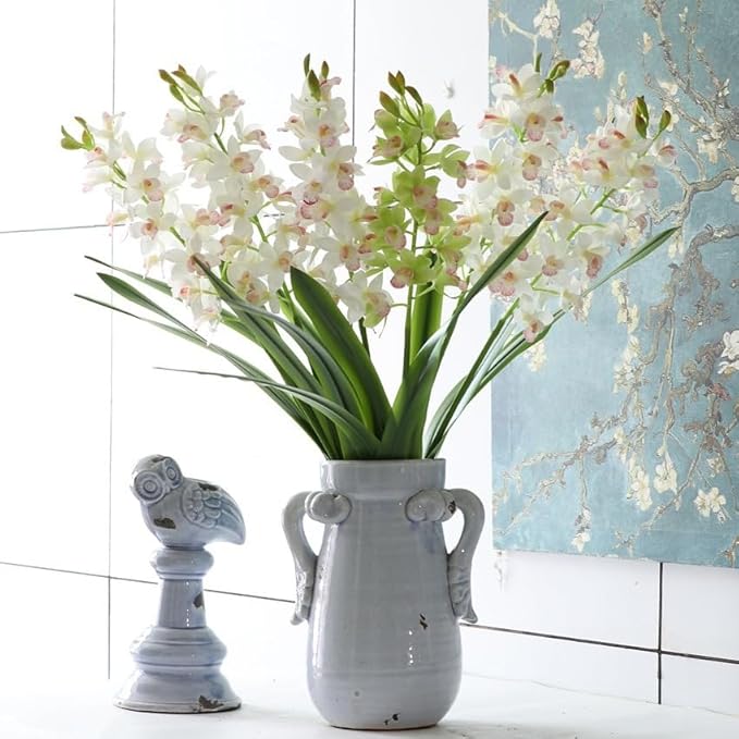 Set of 3 Real Touch Artificial Cymbidium Plants with Stems and Roots Faux Greenery Stems for Pot or Vase Faux Orchid Stems That Look Real for Indoor Home Office Farmhouse Decoration (Green)