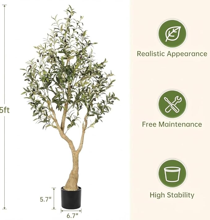 Realead Artificial Olive Tree 5FT - Realistic Faux Olive Tree Plants with Thick Trunk and Lifelike Fruits - Large Fake Olive Trees for Home Office Living Room Floor Decor Indoor