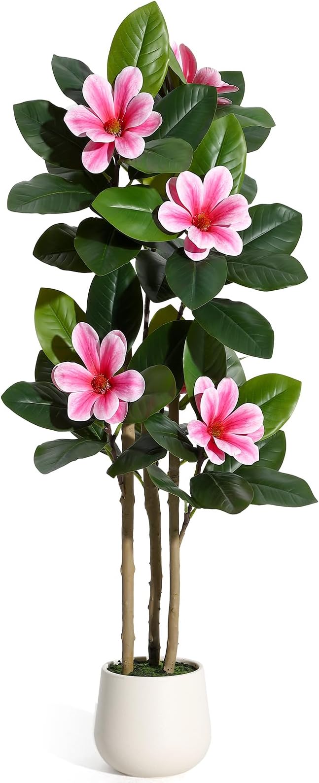 GarveeHome Faux Rubber Tree, 48 Inch Artificial Plants Indoor with Real Touch Leaves and Multi Trunks, Artificial Tree Fake Potted Plants with Pink Flowers for Home Decor Office Living Room
