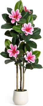 GarveeHome Faux Rubber Tree, 48 Inch Artificial Plants Indoor with Real Touch Leaves and Multi Trunks, Artificial Tree Fake Potted Plants with Pink Flowers for Home Decor Office Living Room