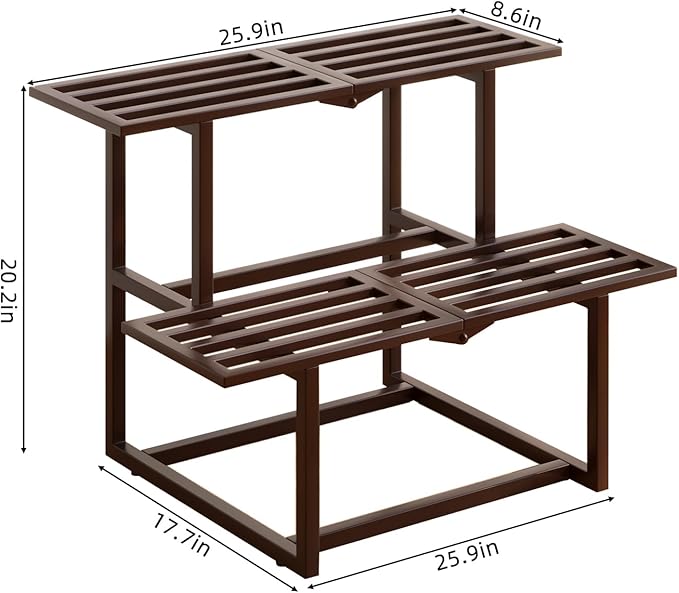 Plant Stand Indoor Outdoor, Foldable Metal Plant Shelf for Multiple Pots, Mid Century Slatted Bench for Patio Garden, Heavy Duty Capacity 330 lbs 2 Tier Coffee