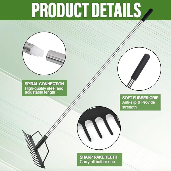 BARAYSTUS 15 Inch Wide Bow Rake, 16 Steel Tines Metal Head Rake Tool with Stainless Steel Handle, Adjustable Long Handle Garden Rake for Loosening Soil Leveling Mulch Gathering Lawns Leaves
