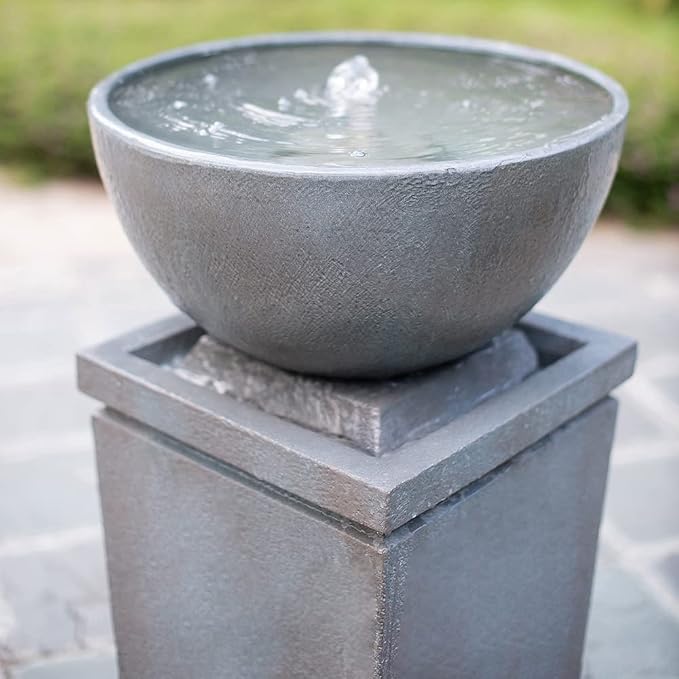 35.5" Polyresin Gray Zen Bowl Water Fountain, Outdoor Bird Bath and Pedestal Waterfall, Modern Minimalist Relaxing Water Feature for Garden, Lawn, Backyard & Porch