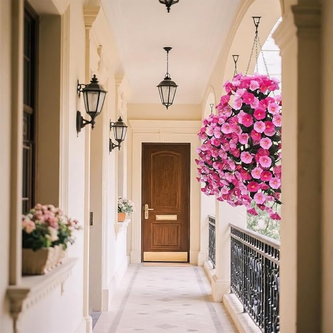 Artificial Flowers for Outdoors Fake Pink Morning Glory Hanging Flower Decoration, 2Pcs Realistic Faux Plants Petunias Long Trailing Vines,Spring Decor for Porch Patio Balcony Planter Yard