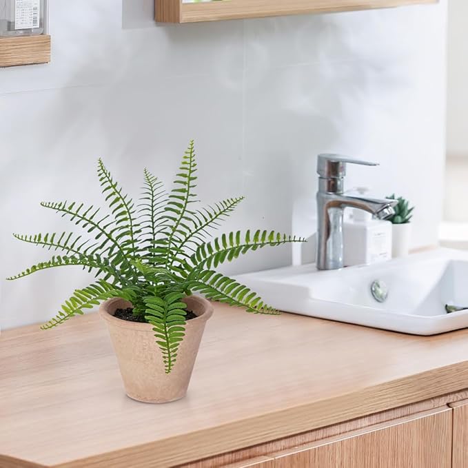 Artificial Boston Fern Potted Plant, 9" Small Fake Plants in Pot, Faux Fern Plant Greenery for Home Office Farmhouse Living Room Bathroom Kitchen Tabletop Desk Shelf Decoration