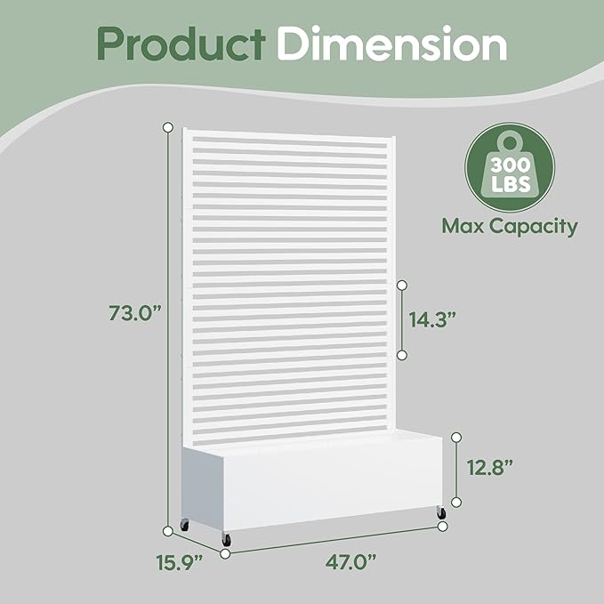 Metal Planter Box with Trellis Privacy Screen, Raised Garden Bed with Trellis & Wheels, Privacy Planters for Patio, Planter Box with Drainage Holes for Climbing Plants, 73"x 47"x 16", White