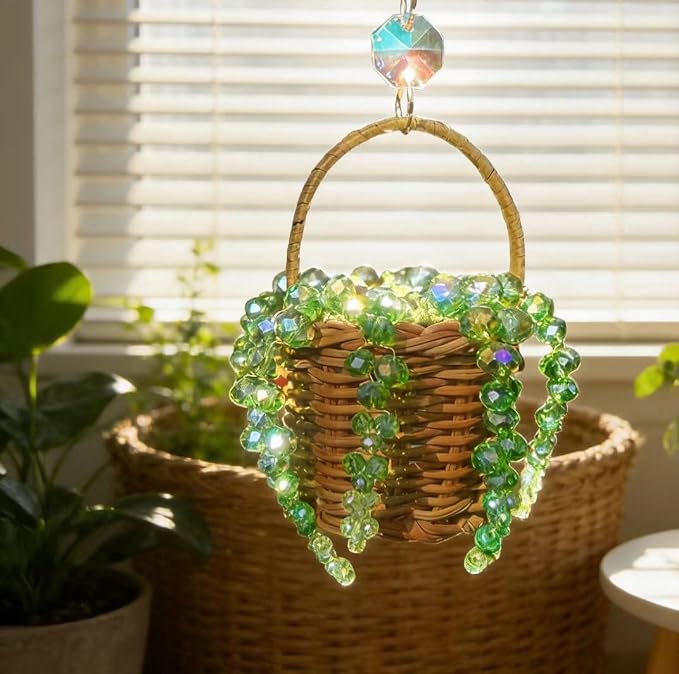 Bling Suncatcher String of Beads Plant Hanging Basket, Cute Handcrafted Crystal Succulent Sun Catchers for Window Hanging, Shiny Garden Crystal Sun Catcher Plant Lover Gift Mom Gifts (Green)
