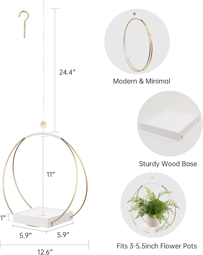 hismocal 2 Pack Hanging Planter Holder for Indoor Plants, Plant Hanger with Sturdy Wood Base,Modern Boho Macrame Wall Ceiling Window Stands(Plants/Pots Not Included)