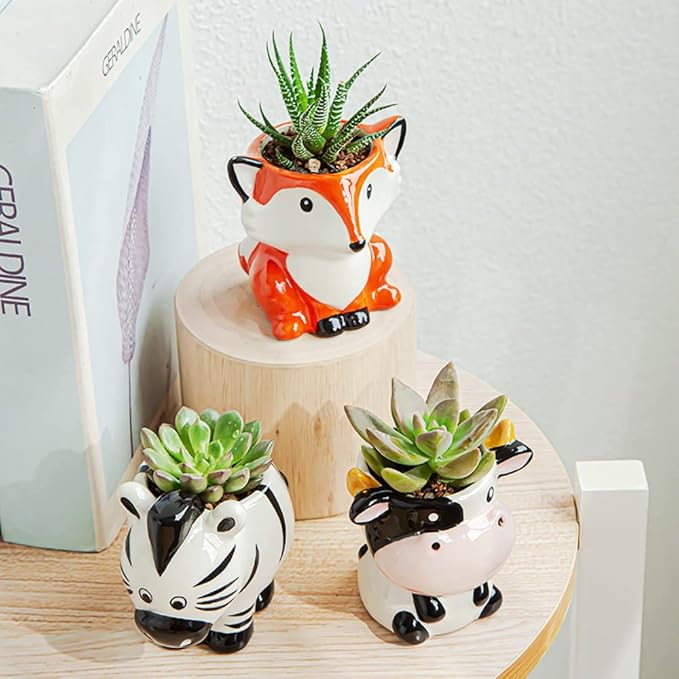 DIYOMR Cute Animal Ceramics Planter Small Succulent Pot Cartoon Shaped Plant Pot for Mini Plants Flower Cactus, Smooth Shiny Ceramic - Plants Not Included (Sheep)