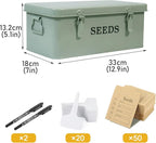 Seed Storage Organizer, 4 Compartment Seed Storage Box with Safety Lock, Metal Seed Box Container with 2 Pens, 20 Plant Labels and 50 Seed Envelopes for Seed Packet & Small Garden Tool, Green