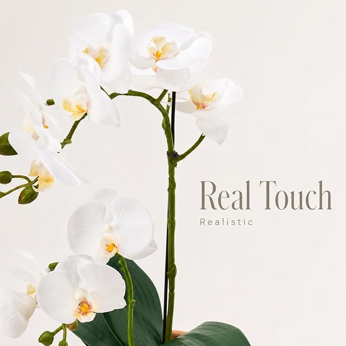 Avoeco Artificial Real Touch Orchid Plant – 15" Faux Phalaenopsis in Pot – Highly Realistic Silk Orchid Flower & Leaf Texture for Home, Office,Shop & Wedding Décor (1 White, 15“)