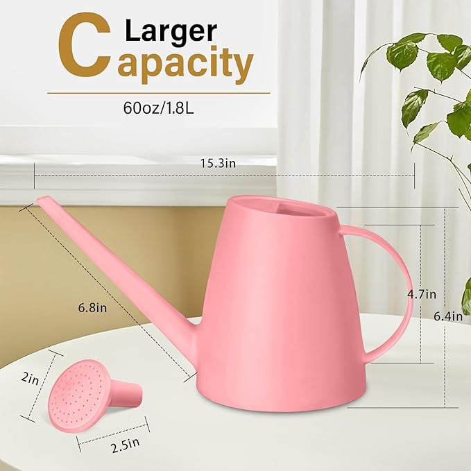 Plastic Watering Can - for Indoor and Outdoor House Plant Garden - with Long Spout - 1/2 Gallon - Pink