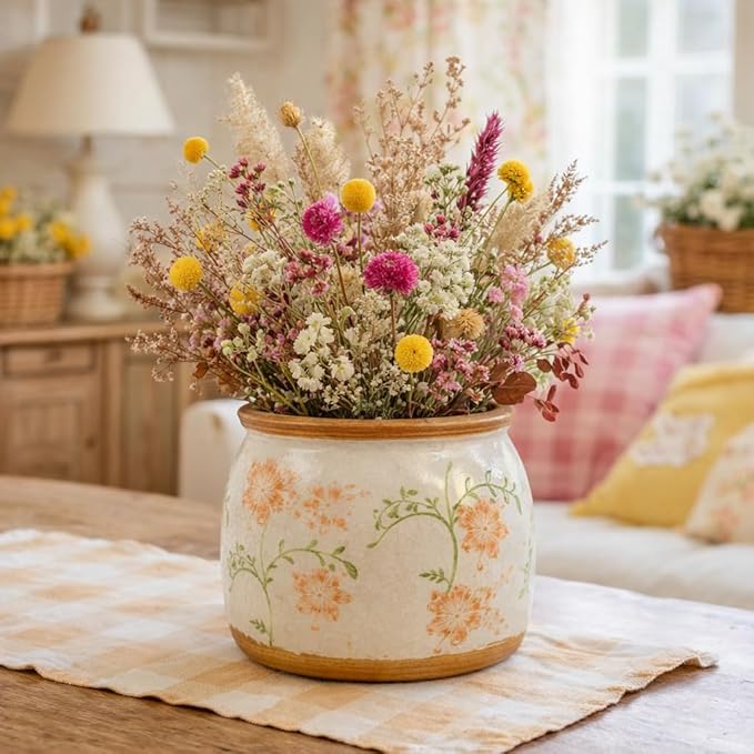 Vintage Ceramic Flower Pot - Indoor Outdoor Planters with Drainage Holes & Filter Screen, 6.5’’ Small Rustic Farmhouse Decorative Plant Pots for Garden/Patio/Balcony (Daisy Bouquets, Small)