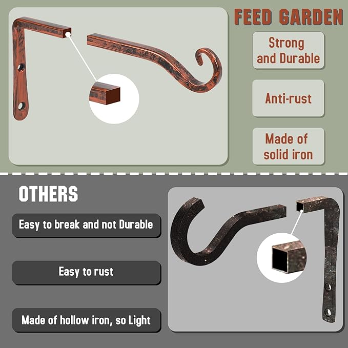 FEED GARDEN 2 Pack 10 Inch Hanging Plant Bracket Wall Hooks Decorative Plant Hangers for Outdoor Hanging Bird Feeders, Wind Chimes, Plant Baskets, Antique Bronze