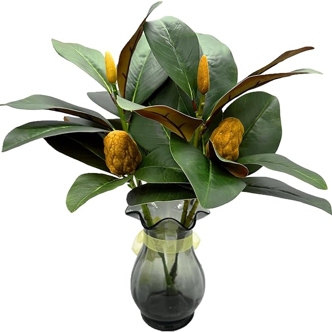 Artificial Magnolia Plants 18 Inch, Fake Magnolia Leaves Stems Faux Greenery Big Leaf Branches Shrubs Houseplant Decor for Indoor Outdoor Home Garden Wedding Table Centerpiece Vase Decoration 2 Pack