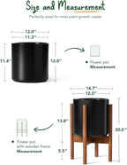 LE TAUCI 12 Inch Planter with Acacia Wood Stand, Large Ceramic Indoor Plant Pot with Drainage Hole & Plug, Mid Century Modern Plant Holder for Fiddle Leaf Fig, Monstera, Snake Plant, Black