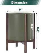 D'vine Dev Planter Pot with Stand - 14 Inch Plastic Cylinder Flower Pot with Wood Planter Holder for Indoor, Olive Pot + Walnut Color Stand, 55-C-R-4