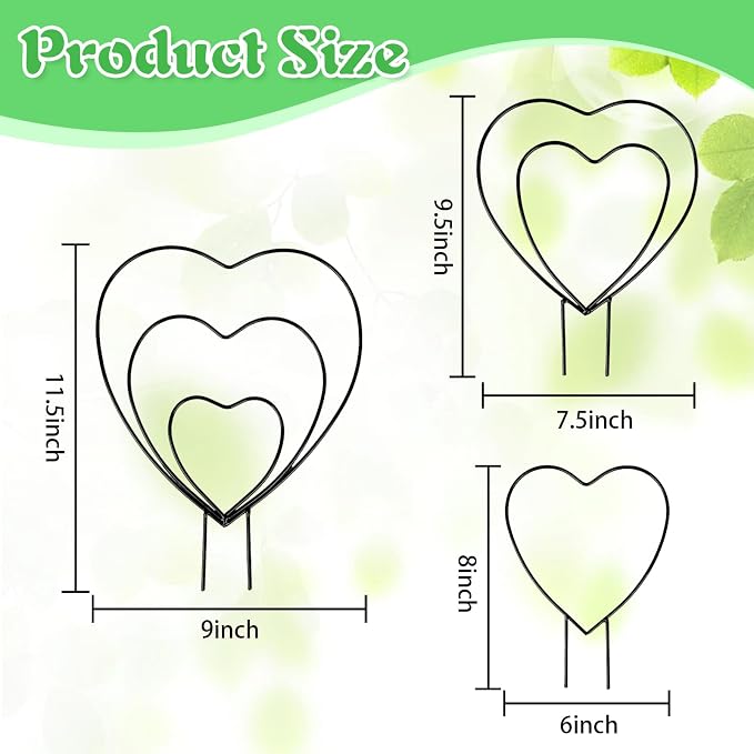 Hoya Trellis 3 Size Indoor Plants Flower Support Stakes Round or Heart Metal Trellis Set Garden Tool Accessories for Small Potted Vine Climbing Houseplants (BlackH)