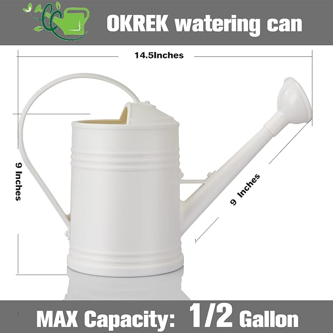 Plastic Watering Can for Indoor Plants Outdoor Garden Flowers - House Plant Watering Can with Sprinkler Head (1/2 Gallon, White)