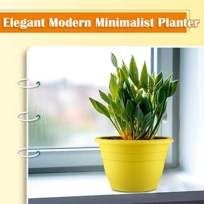 3 Pack 11 Inch Plant Pots for Indoor Outdoor,Plastic Floor Planters with Drainage Holes,Lightweight Flower Pots for Home,Patio & Garden(Yellow)