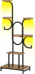 HOOBRO Plant Stand Indoor with Grow Lights, 63" Corner Plant Stand for Indoor Plants, 7 Tiered Metal Corner Shelf with 2 Hanging Basket Spots, for Home, Living Room, Rustic Brown and Black BF12DHJ01