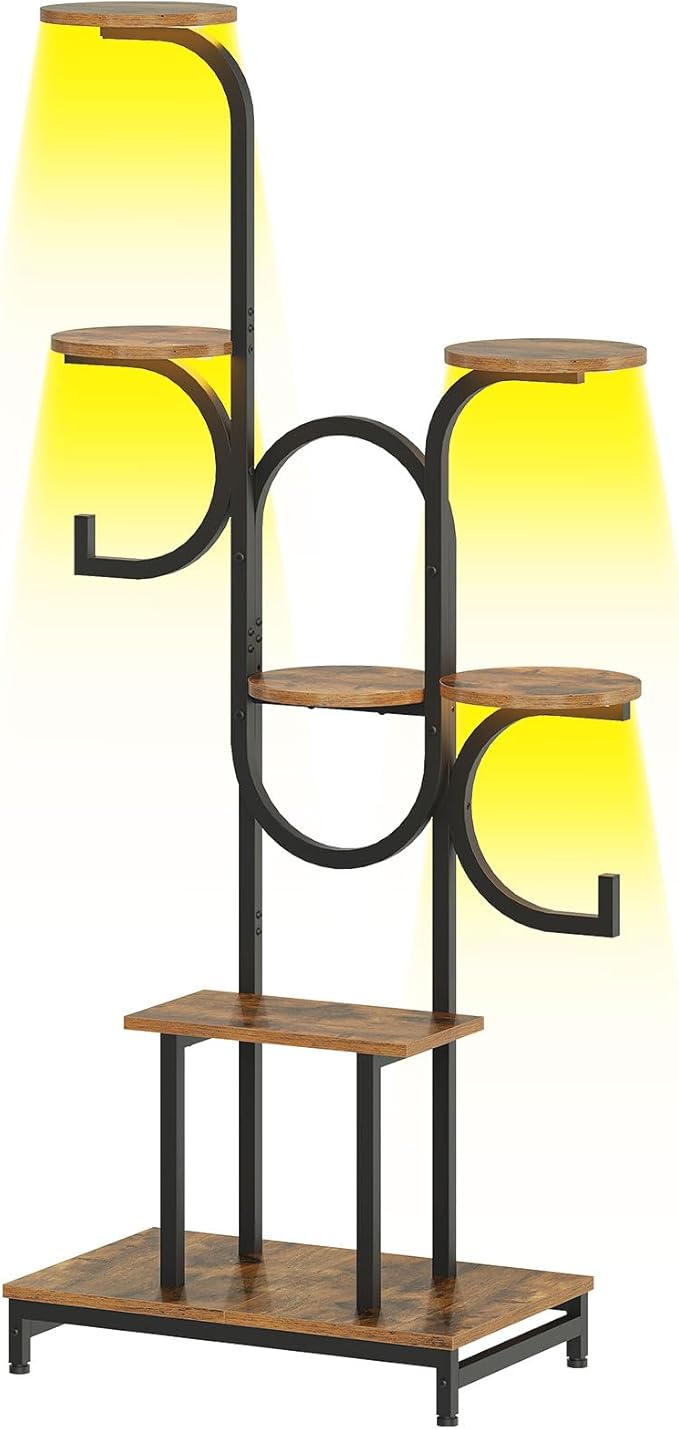 HOOBRO Plant Stand Indoor with Grow Lights, 63" Corner Plant Stand for Indoor Plants, 7 Tiered Metal Corner Shelf with 2 Hanging Basket Spots, for Home, Living Room, Rustic Brown and Black BF12DHJ01