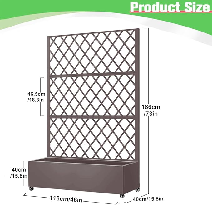 Metal Planter Box with Privacy Screen Trellis,Galvanized Raised Garden Bed On Wheels for Climbing Plants Vines, Standing Garden Flower Bed with Drainage Holes (Espresso, 47" L x16 W x 73" H)